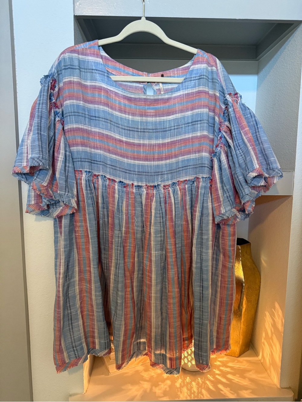 Free People Striped Linen-Blend Dress — Blue, Pink, Orange, Red